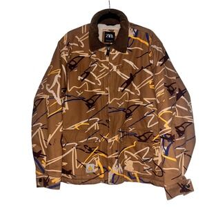 Zara DNWR Mens XL Sherpa Lined Canvas Jacket Abstract Graphic Corduroy Collar